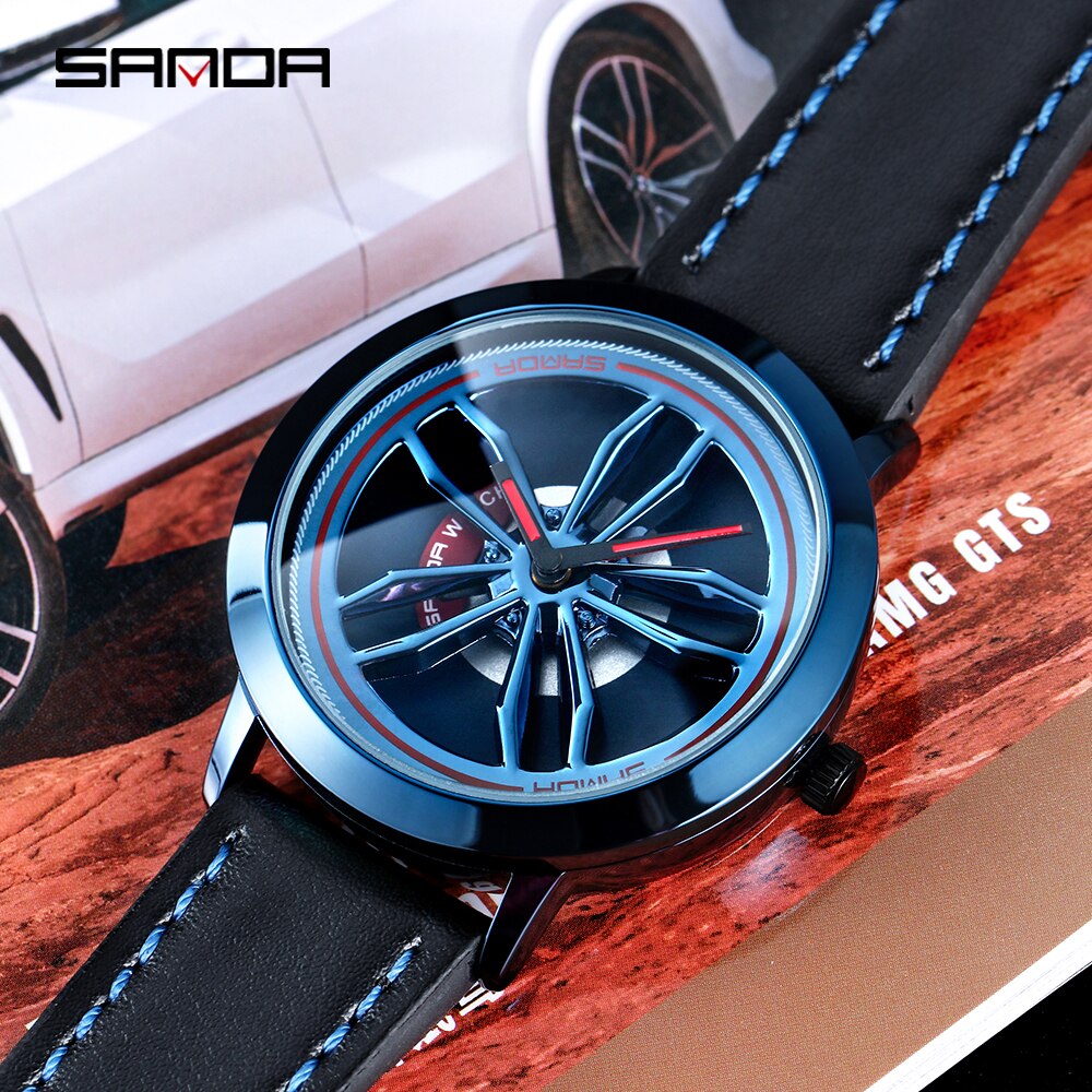 Rotating Wheel Dial Men Watches Car Rim Sports Quartz Watches Waterproof Leather Band Watches Relogio Masculino