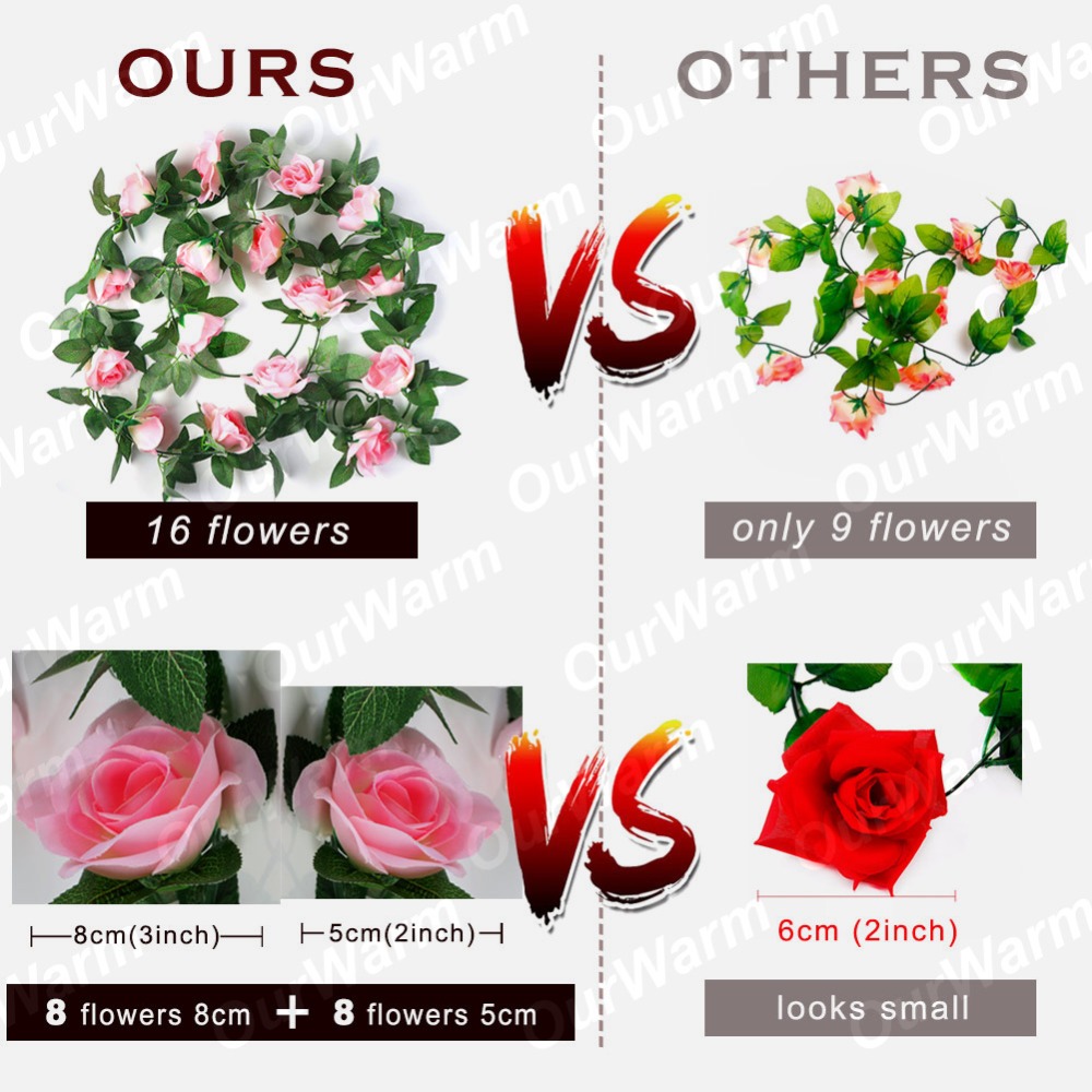 OurWarm 2.3M Silk Rose Vine Flower Garland Wedding Decoration Artificial Rose Garland DIY Bridal Wreath Artificial Decorations