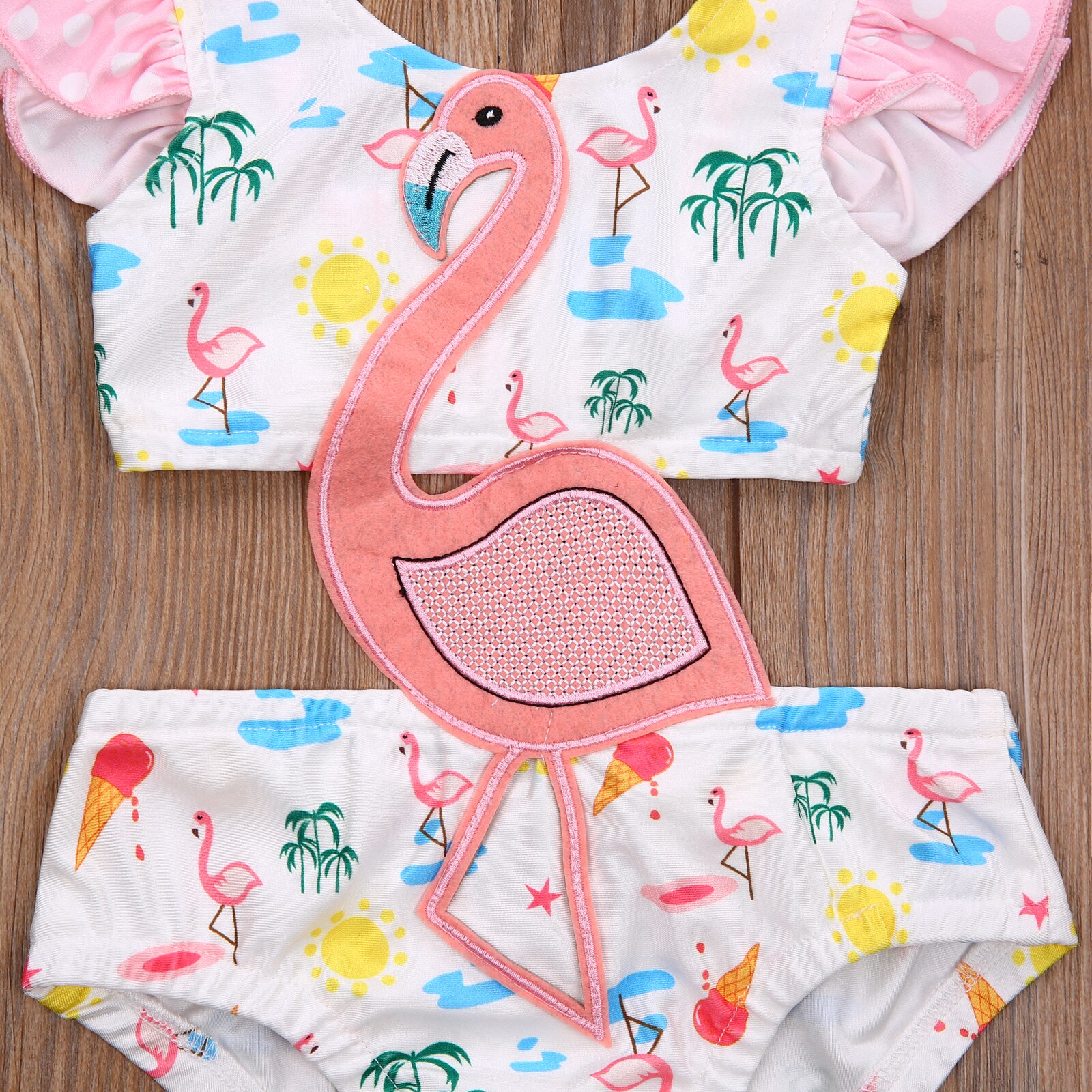 0-3Y Summer Girls Sweet 3D Flamingo Print One Piece Swimsuit Hollow Ruffles Backless Suspender Swimwear Beachwear