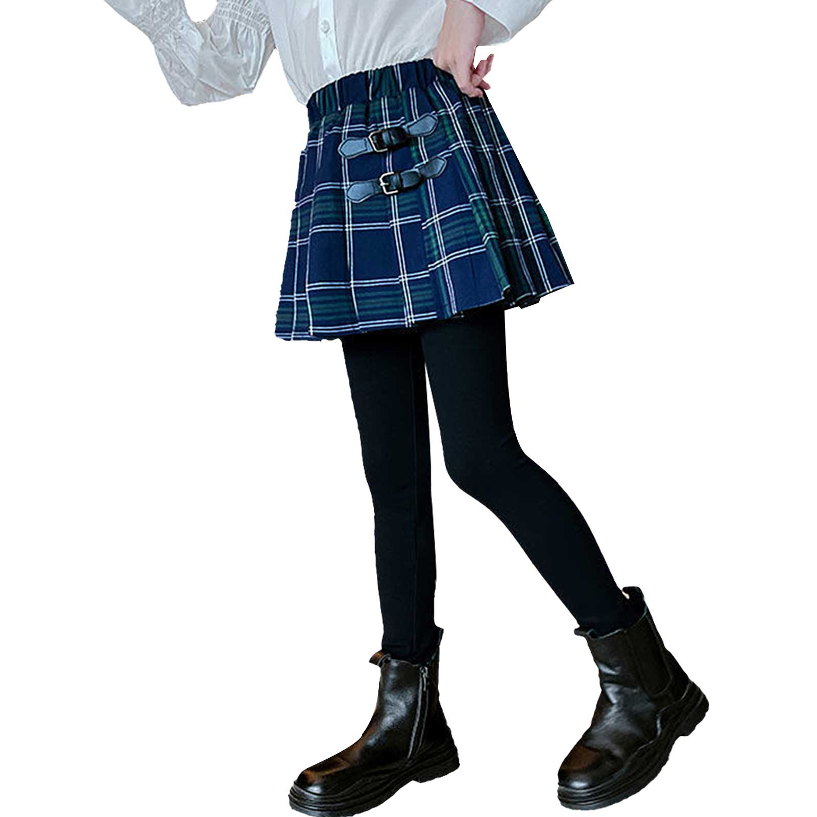 Gonne a quadri scozzesi per bambina moda invernale Leggings senza piede solidi con gonna a pieghe Leggings caldi per ragazze abbigliamento per bambini