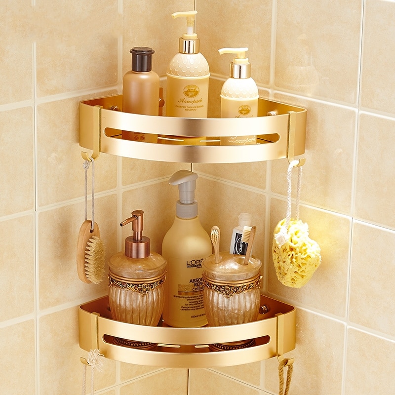 Non-perforated Bathroom Wall Shelf Golden Wall-mounted Washstand Triangle Storage Basket Shower Organizer Bathroom Accessories