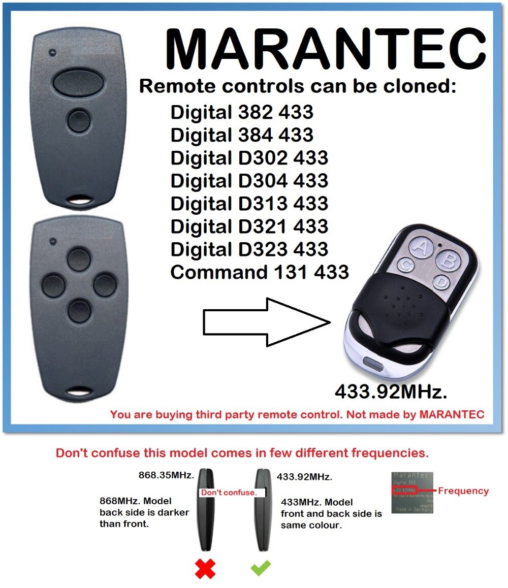 Marantec Digital D302, D304 433 Universal Remote Control Duplicator 433.92MHz. (only for 433.92mhz fixed code)