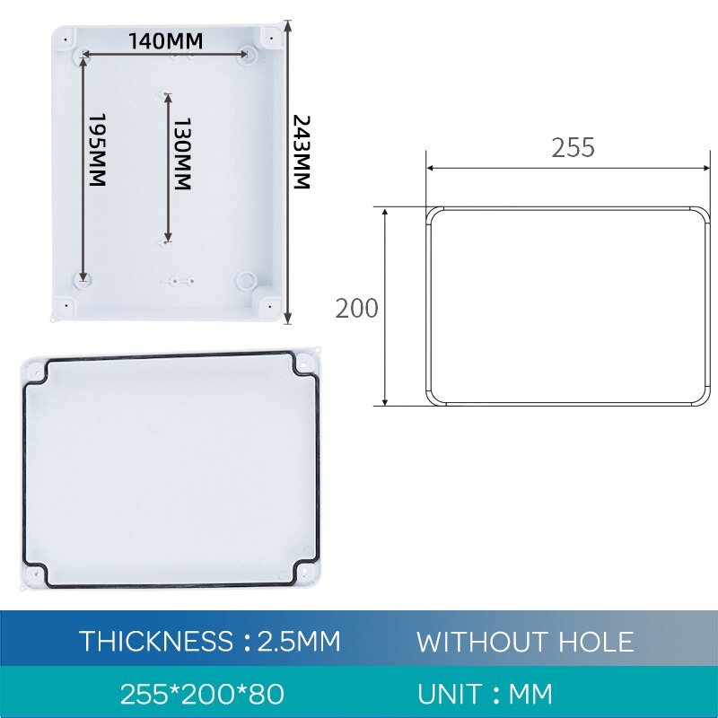 255*200*80MM ABS Plastic IP65 Waterproof Junction Box DIY Outdoor Electrical Connection box Cable Branch box: Without Holes