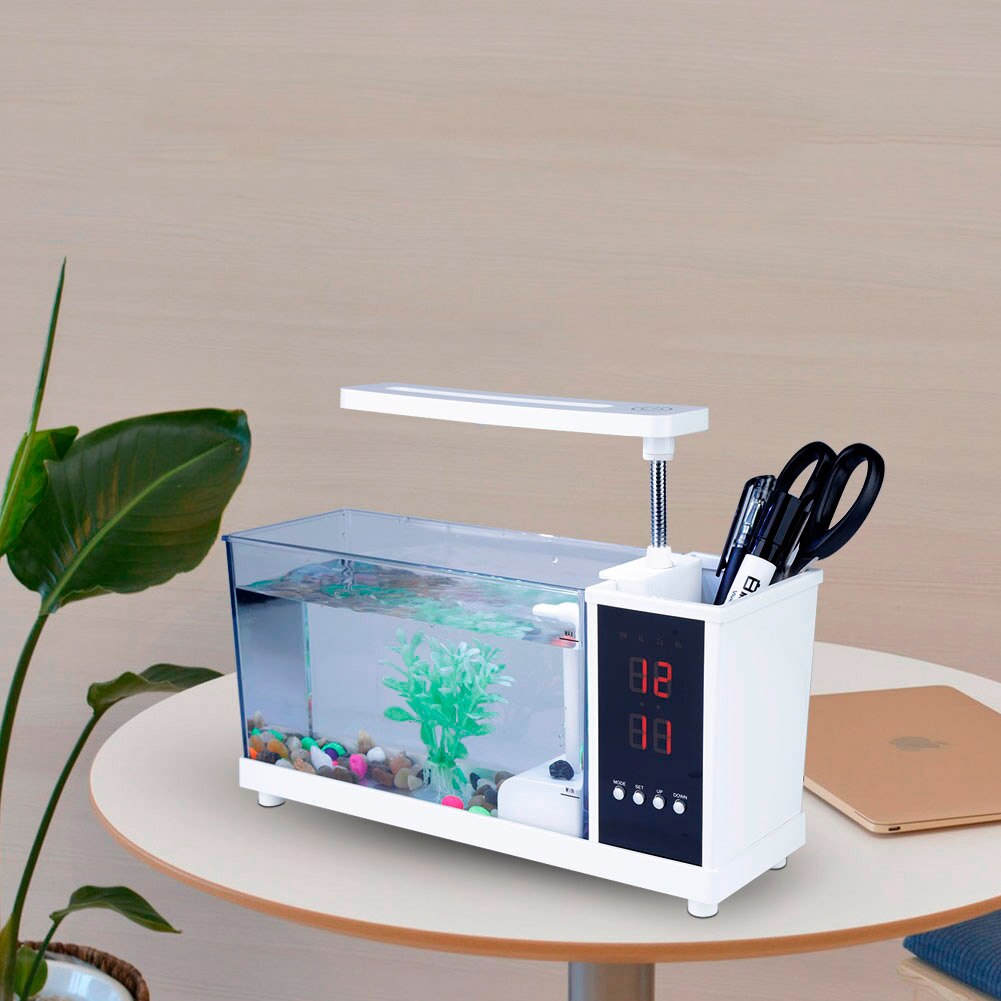 USB Desktop Mini Aquarium Fish Tank Aquarium with LED Light LCD Display Screen and Clock Fish Tank Decoration with Pebbles