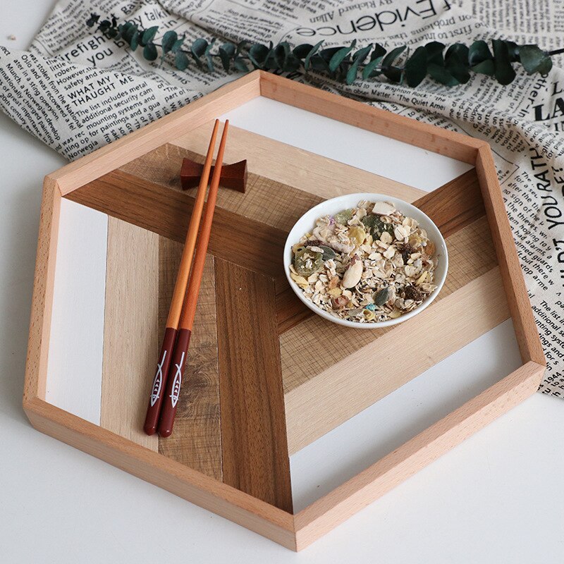 Household Decorative Wooden Serving Tray Decorative Tray Baking Wooden Tray Nut Cake Tray Dinner Plate Simple Geometric Tray