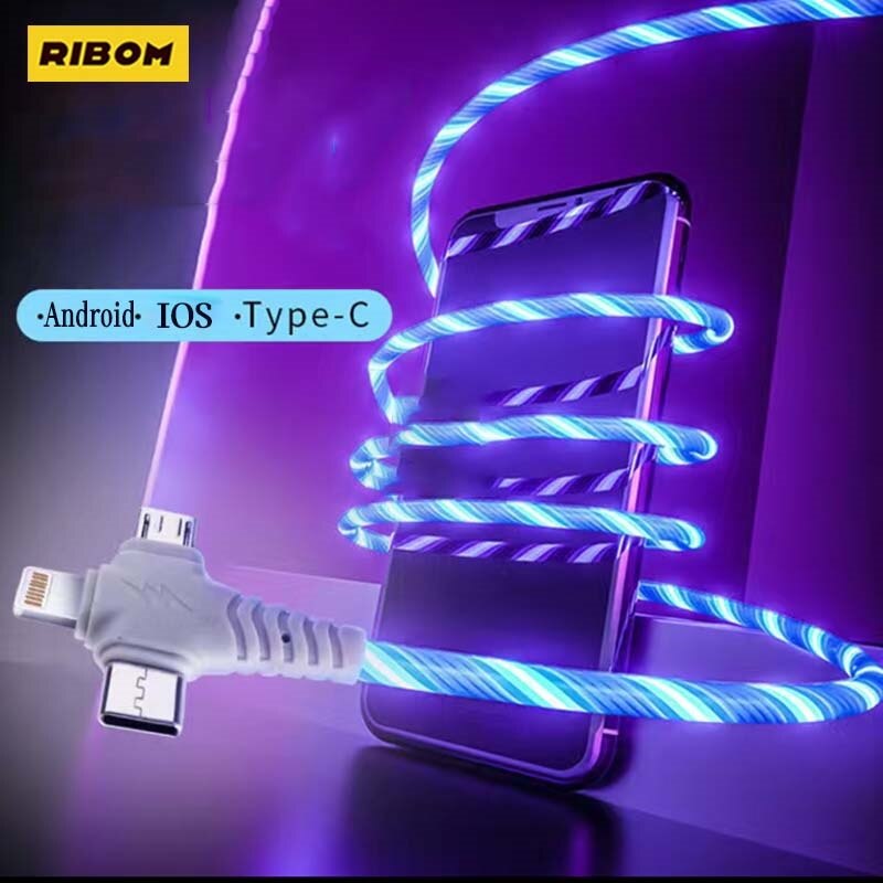 3in1 Flow Luminous Lighting Usb Cable For IPhone 12 11 Pro 3 In 1 2in1 LED Micro USB Type C 8Pin Charger Wire For Huawei Xiaomi