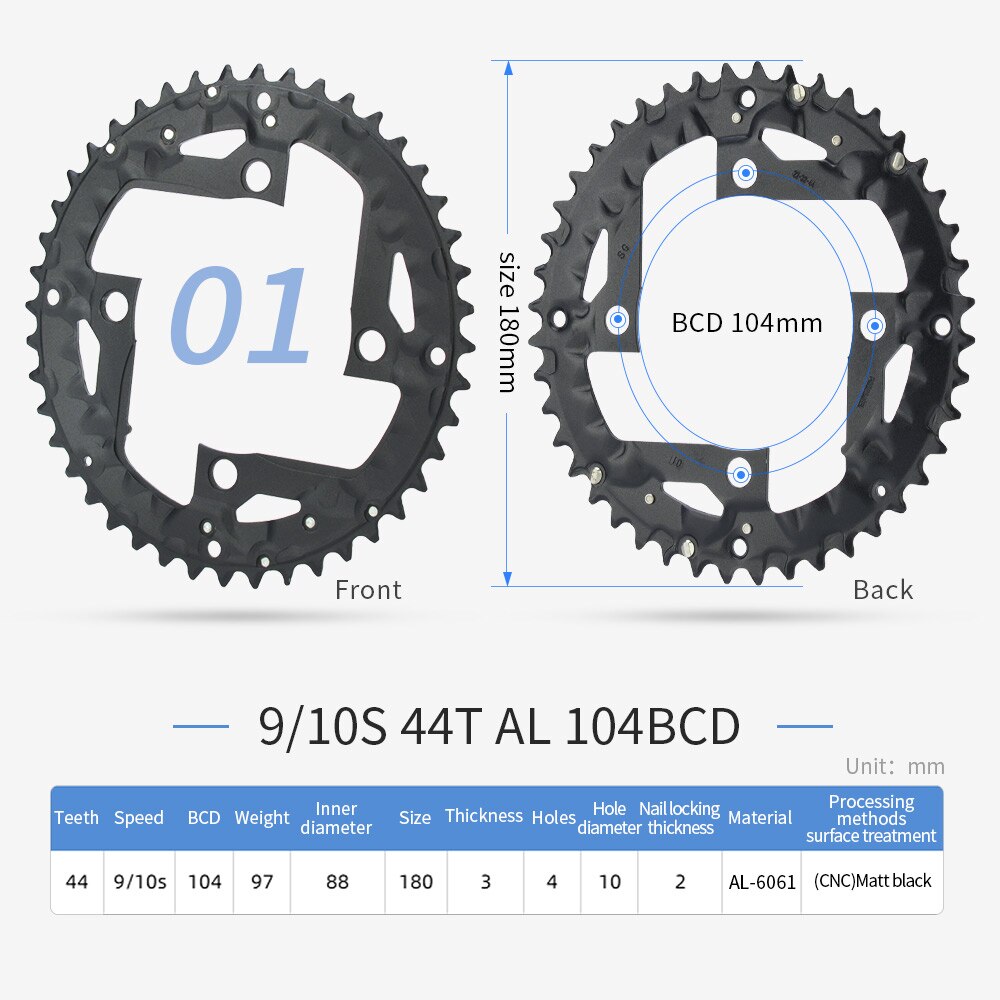 PROWHEEL-plato redondo para bicicleta de montaña, rueda dentada de aleación de acero, 64/96/104BCD, 22T, 24T, 30T, 32T, 40T, 42T, 44T: 10S 44T AL 104BCD
