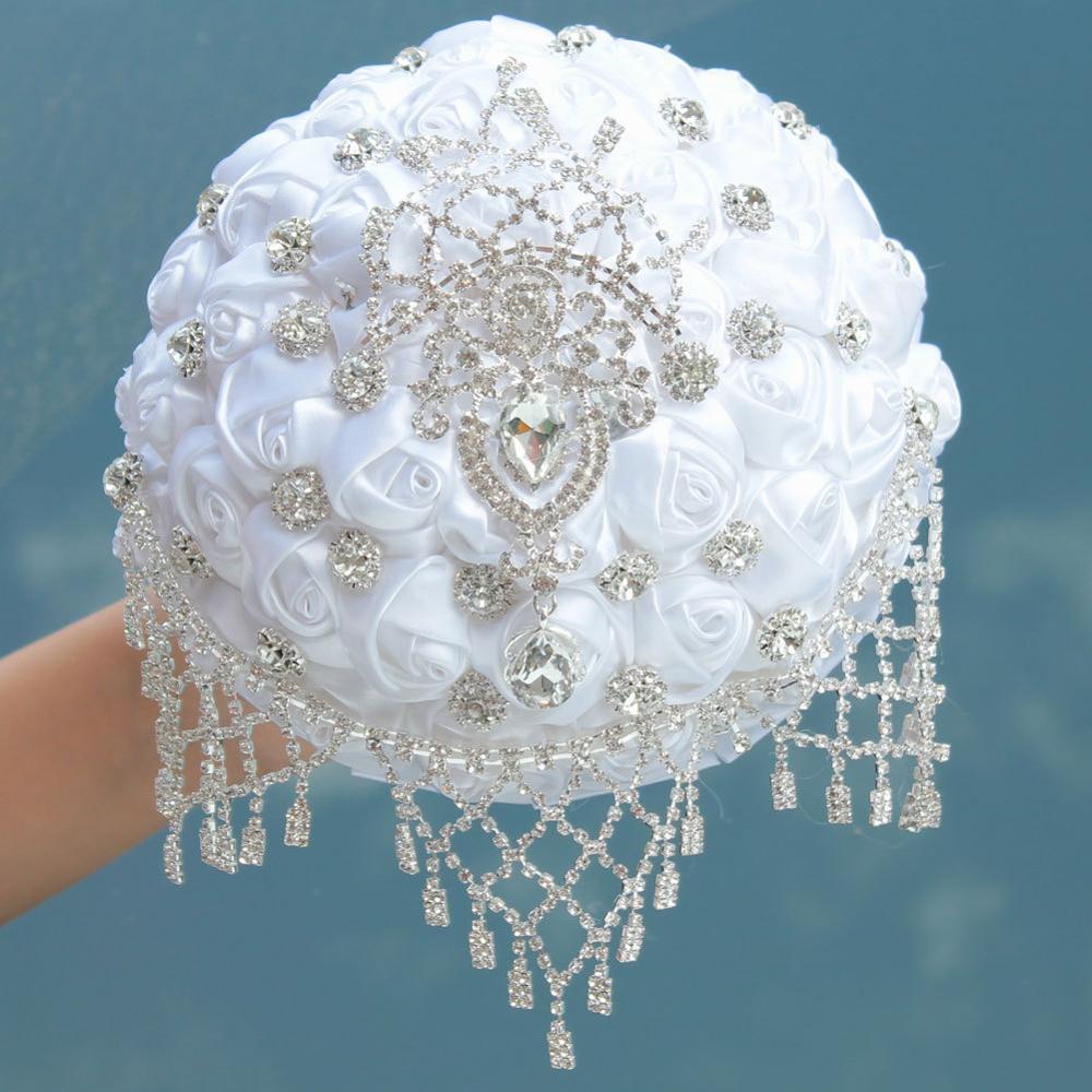 16styles white wedding bride holding flowers artificial bouquet ribbon rhinestone pearl bouquet decoration bride groom dance: Style 2