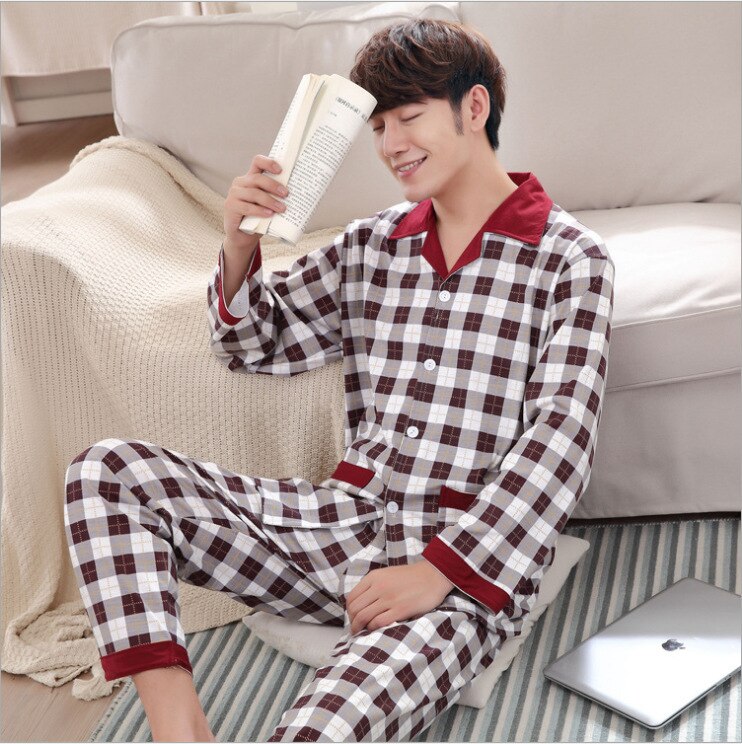 Conjunto de pijamas para hombre, ropa de casa de algodón con estampado a cuadros de doble cara, pantalones de manga larga, ropa informal para exteriores para jóvenes de mediana edad: 2 / XXL