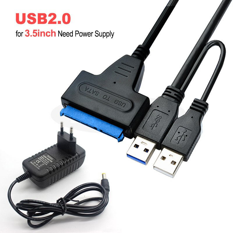 Dual USB Sata Cable USB To Sata Adapter Suport 2.5 or 3.5 Inch External SSD HDD Hard Drive Sata Cable Sata USB 3.0 Adapter: USB2.0 for 3.5in EU