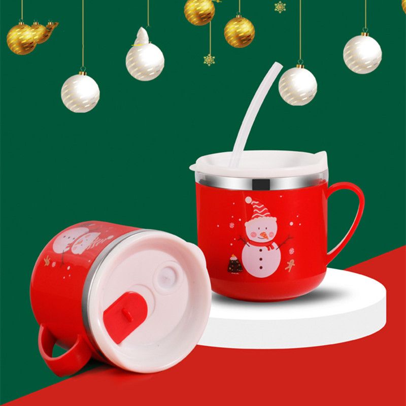 Tasse à lait avec paille pour enfants, en acier inoxydable, avec couvercle, pailles en Silicone réutilisables: snowman red