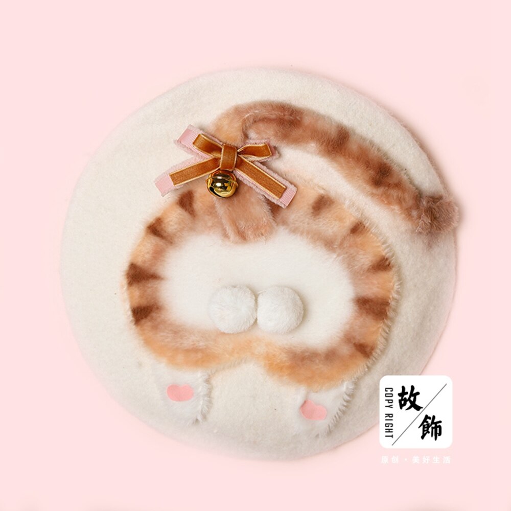 Meisjes Leuke Baret Cartoon Wol Blend Kat Butt Cap Beanie Vrouwen Top Hoed: WHITE