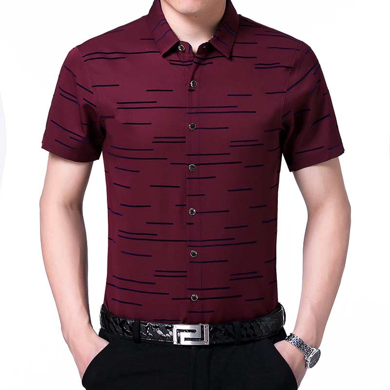 Summer Short Sleeve Men Shirt Striped Dress Casual Slim Fit Social Clothes Luxury Shirts Mens 6006: Red / XXXL