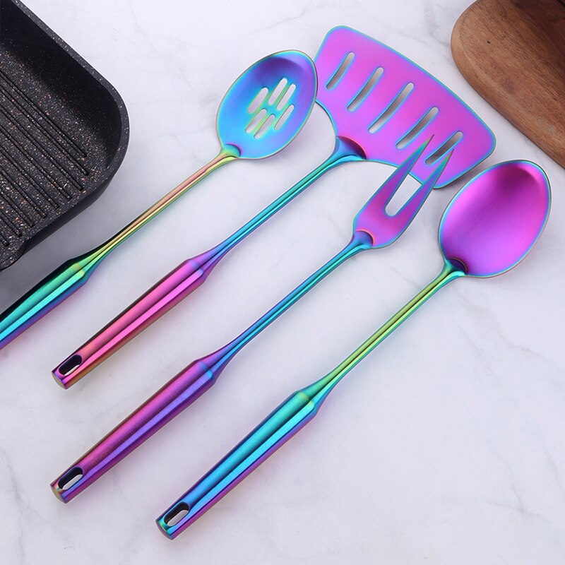 1/4 pcs Rose Gold Kitchen Accessories Gold Matt Utensil Stainless Steel kitchenware Long Service Spoon Fork Fish Cooking Tool: Rainbow NO.0-4pcs