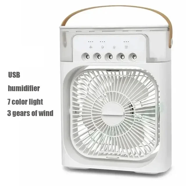 HIOT-ventilador humidificador portátil para el hogar, aire acondicionado, ventilador eléctrico USB, luz LED nocturna, niebla de agua divertida, humidificador enfriador de aire 3 en 1: Blanco