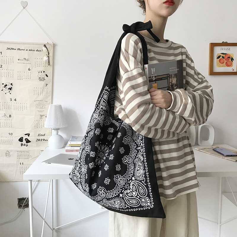 Over Large Cotton Paisley Printing Slouch Bag 2022 Women Youth Teenager Casual Ecology Fabric Big Capacity Shopper Bag: Default Title