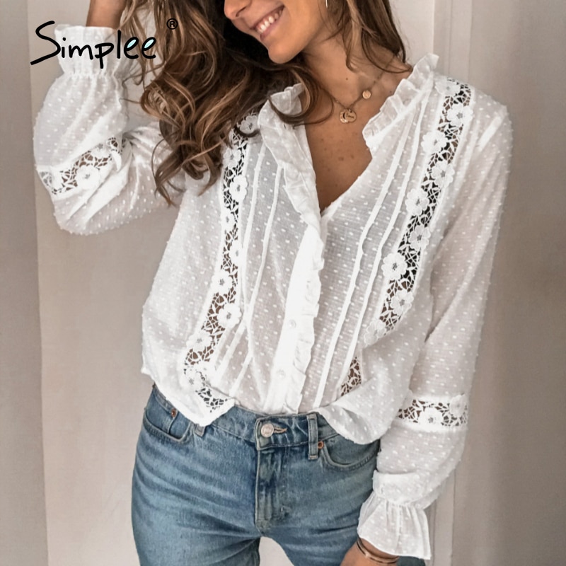 Simplee forår sommer chic hvid bluse vintage udhulet kvindelige kontor damer toppe afslappet blonder lange ærmer korte toppe