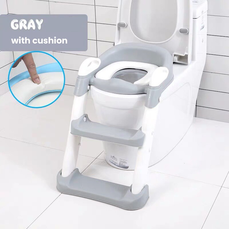 Vouwen Baby Potty Seat Urinoir Rugleuning Training Stoel Met Stap Kruk Ladder Voor Baby Peuters Veilig Wc Potties: Grey with cushion