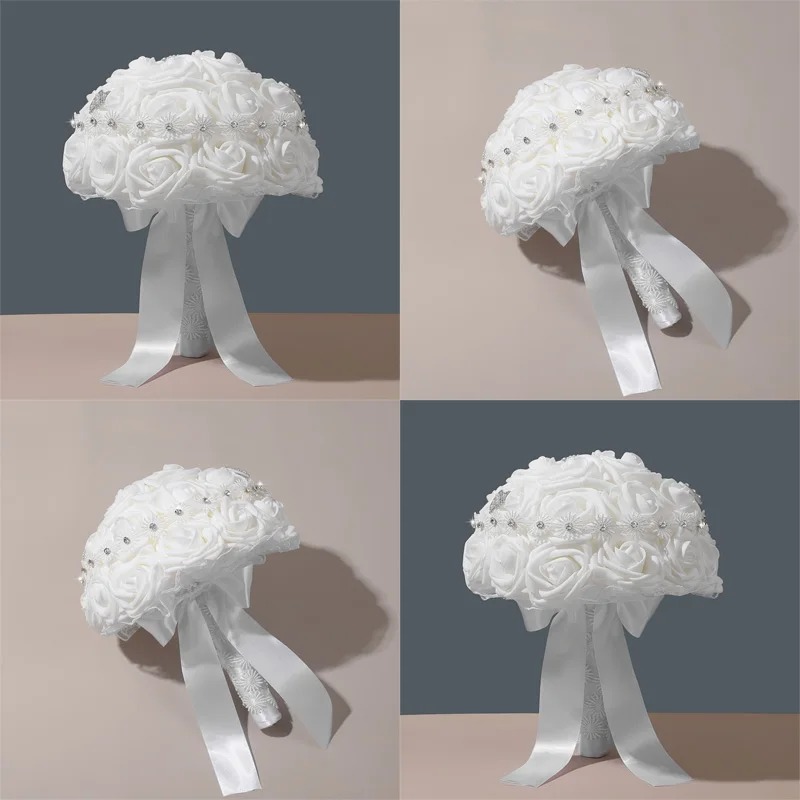 All White Round Wedding Bouquet, Foam Roses Decorated with Sparkle Rhinestone Strips & Wide Satin Ribbon