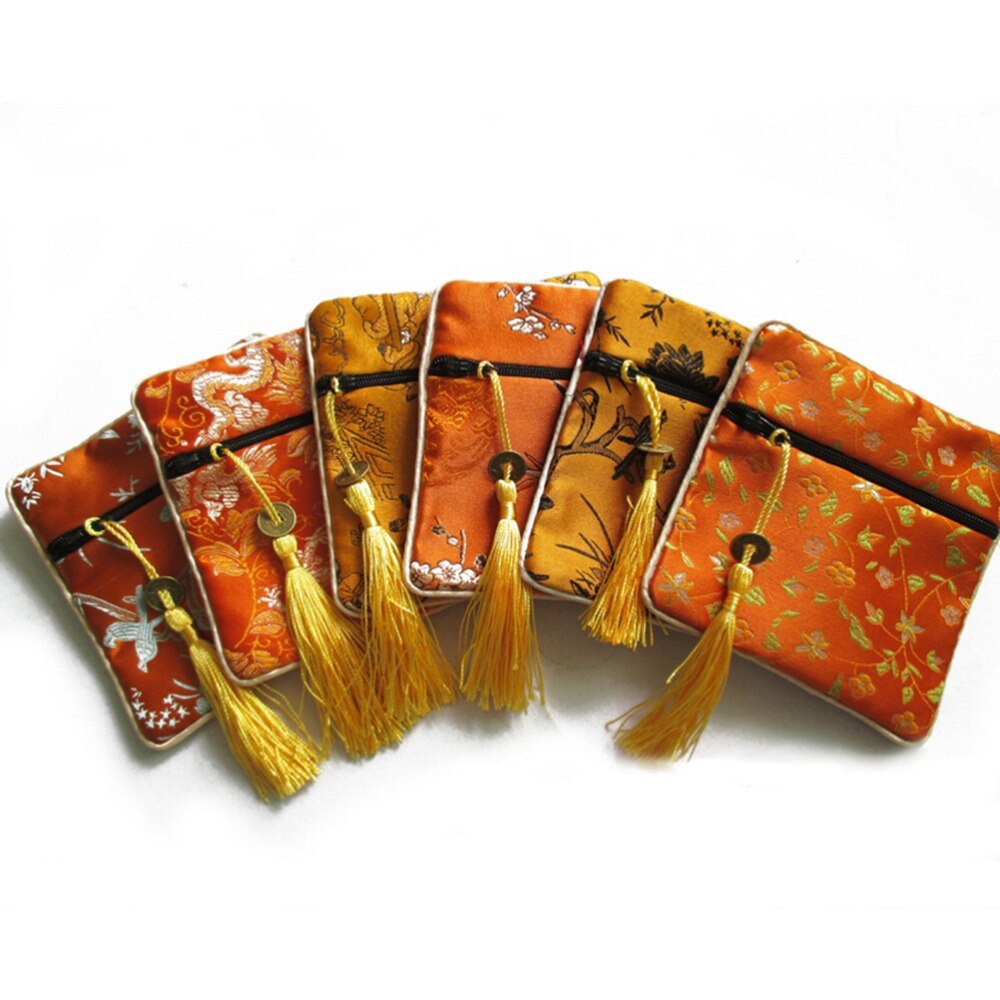 10 stks/partij Mix Kleuren Tassen Kleine Bloem Kwastje Zijde Vierkante Sieraden Zakjes Verpakking zak Chinese Rits Portemonnee