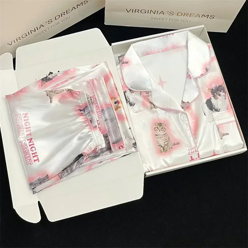 Kawaii jovem menina pjs cetim homewear longo curto moda pijama bonito gato impressão verão novo pijama fino para mulher seda casa conjunto