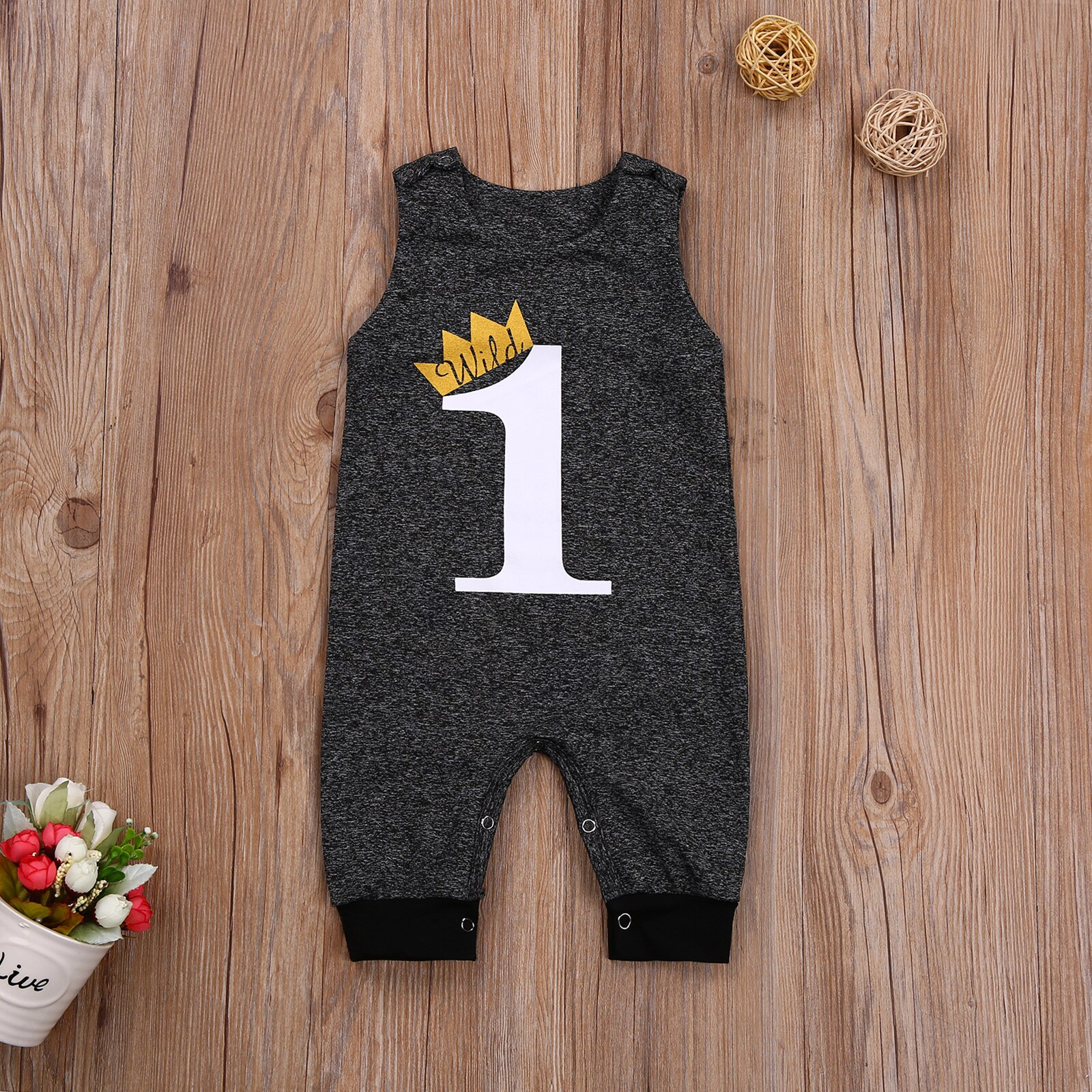 Emmababy Herfst 0-24M Peuter Baby Jongen Meisje Crown 1 Brief Print Jumpsuit Eerste Verjaardag Lange Mouw/Mouwloze Romper