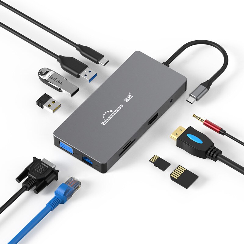 2019 novo conversor 10 em 1 adaptador usb c hub, tipo-c para hdmi usb 3.0 rj45 pd doca adaptador hub para macbook laptop: 10 in 1 Type c