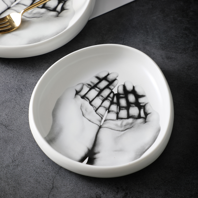 Ceramic Tableware Porcelain Plate Black and White Hand Pattern Dishes