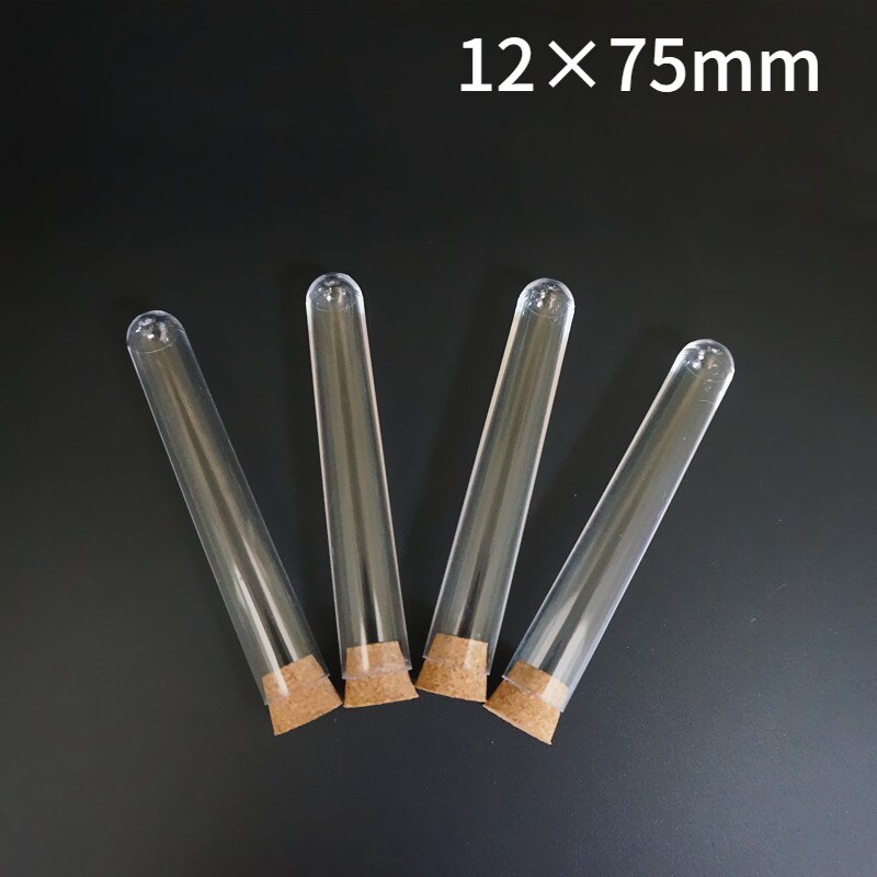 (10 unids/pack) tubos de ensayo de plástico transparente de 12x60mm con tapón de corcho para Vial de recuerdos de laboratorio o bodas