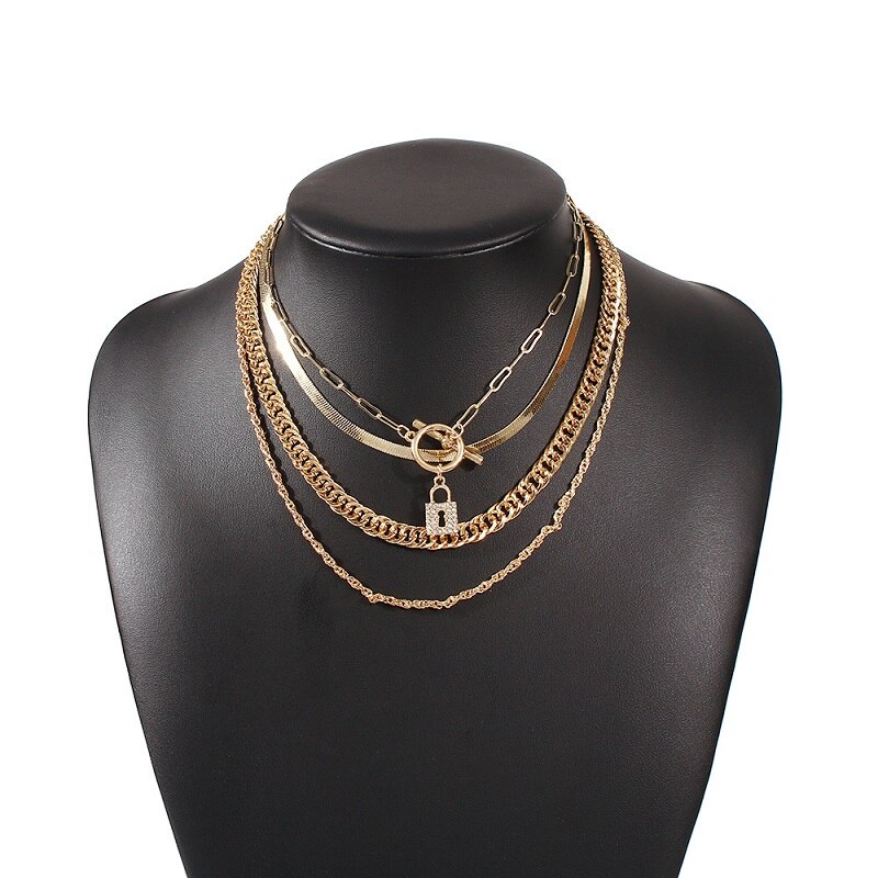 Exknl Gelaagde Crystal Lock Collier Meisjes Leuke Ketting Set Claviclel Kettingen Vrouwen Vrouwelijke Mode Choker Hals Sieraden: gold 1