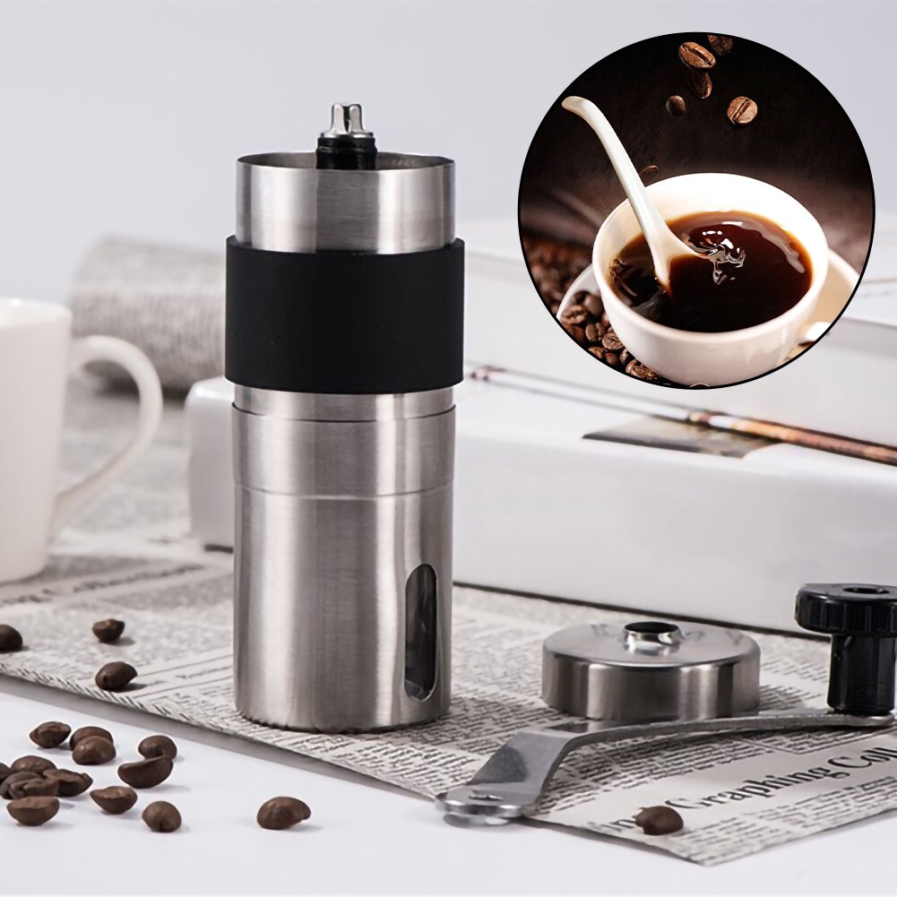Molinillo de café de cerámica Manual de acero inoxidable, molino de granos de café ajustable con anillo de lazo de goma, herramientas de cocina fáciles de limpiar