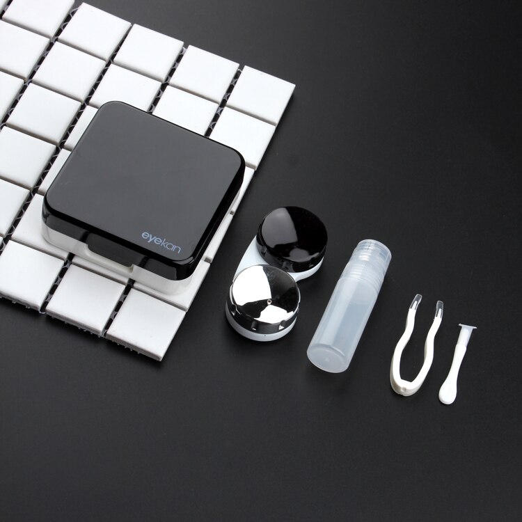 Reflective Cover Contact Lens Case with Mirror Color Contacts Lenses Container Cute Lovely Travel Kit Box: Black