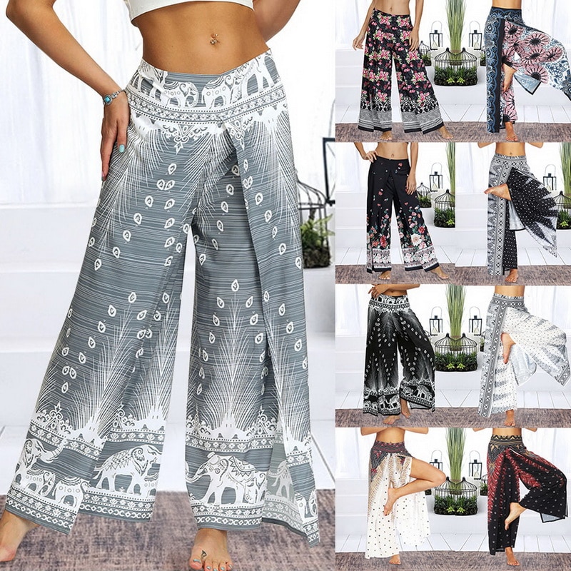 Womens Palazzo Slit Wide Leg Pants Summer Casual Beach Boho Print Pants Plus Size High Waist Gym Yoga Pants Sweatpants