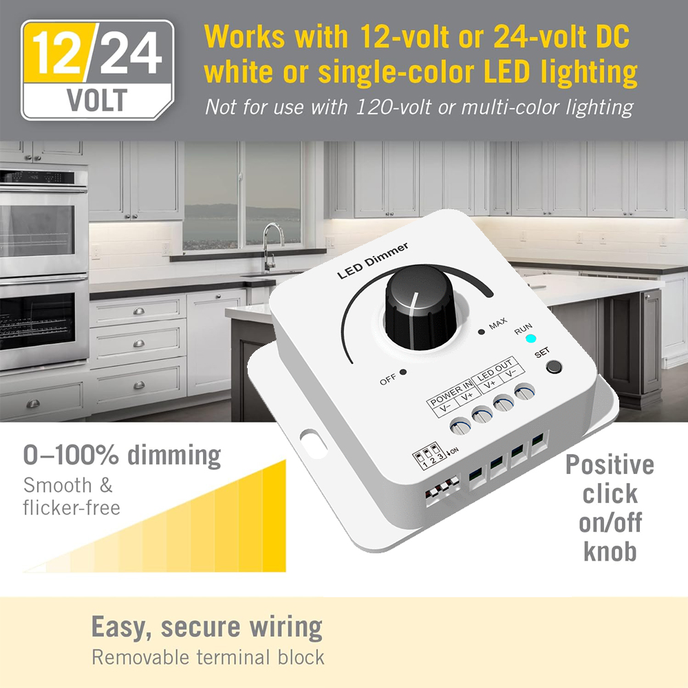 LED Light Strip Dimmer With Fade Effect DC12V-24V 8.5A PWM Dimming Controller for Dimmer Knob Adjust Brightness ON/Off Switch