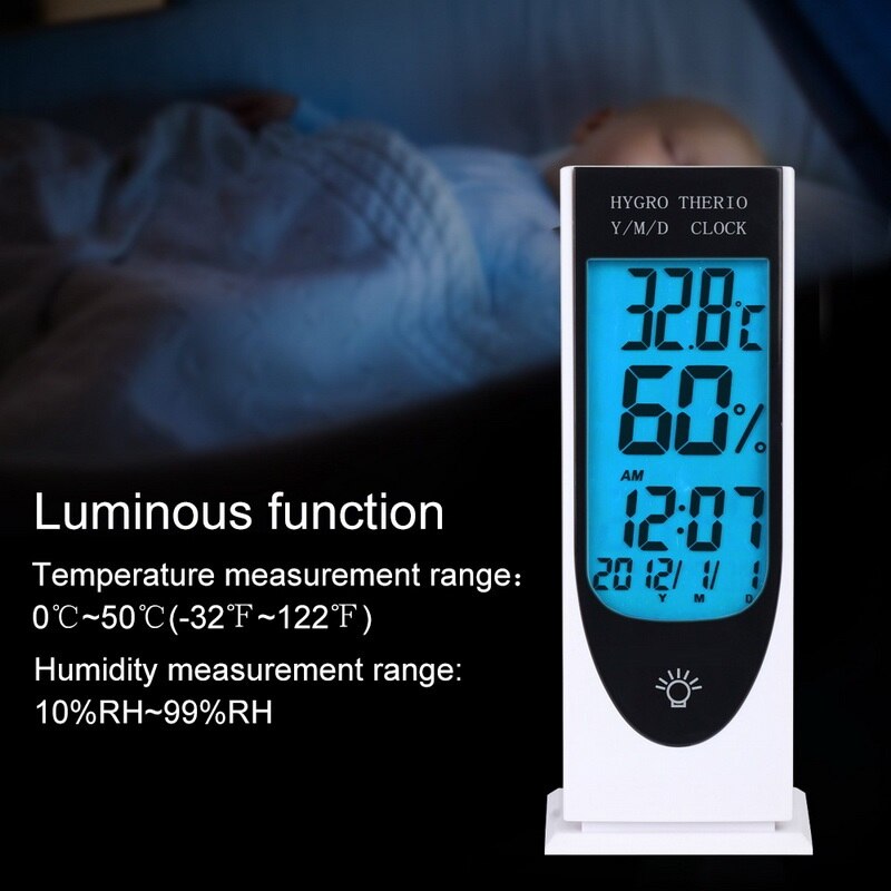 Backlit Lichtgevende Thermometer Hygrometer Digitaltemperature En Vochtigheid Meter Met Tijdweergave Room Indoor