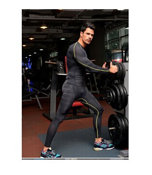 Men's quick-drying sport long sleeve sport pants clothes Long Johns compression Underwear slim corset 1 set=tops + pants: yellow line / M