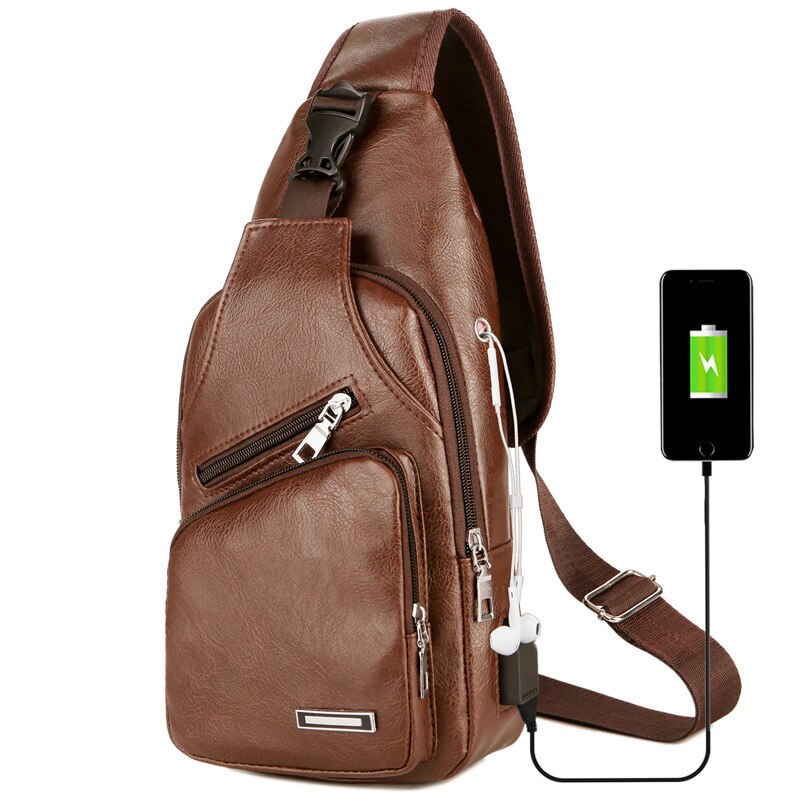 Retro bruine herenborsttas, multi-pocket crossbody tas, usb-oplaadbare koptelefoonaansluiting, multifunctionele schoudertas voor heren: Chocolade