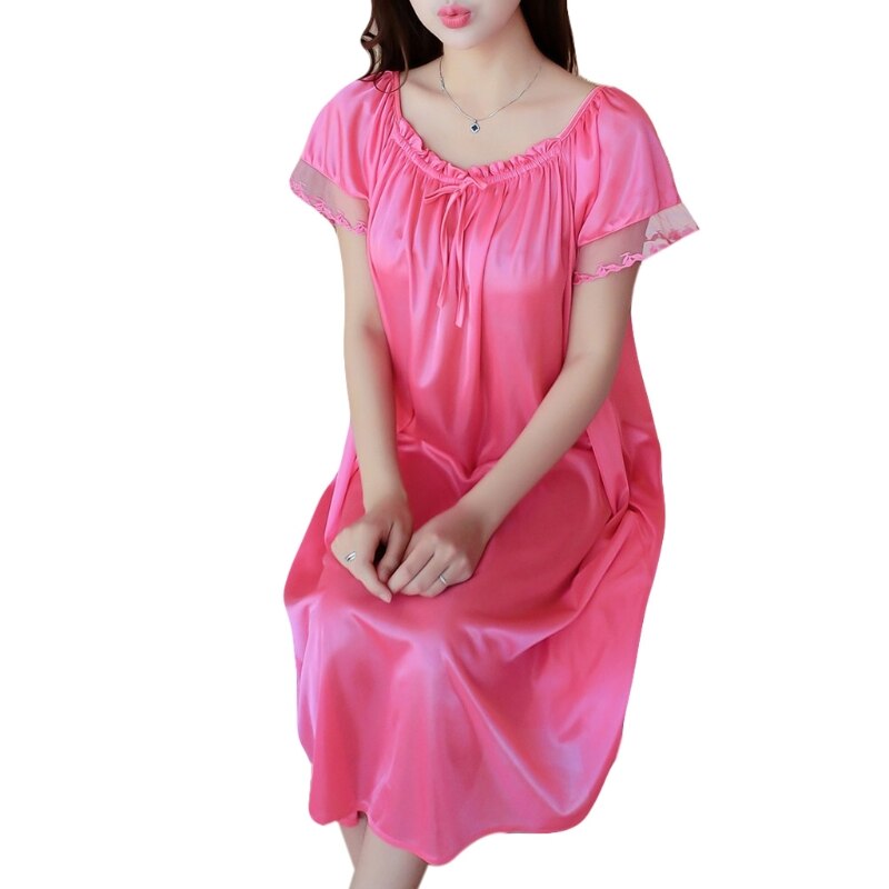 83XC Womens Summer Lace Ice Silk Nightdress Short Sleeve Loose Plus Size Nightgown XL: WM