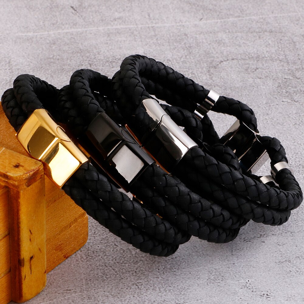 Brazaletes de cuero trenzado de doble capa para hombre brazalete Heren con cierre magnético pulsera para hombre Oro Negro S. Gota de acero