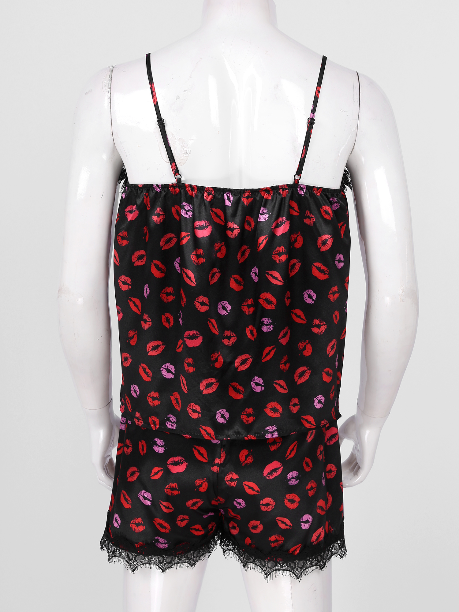 Men Lips Printing Two-piece Pajama Set Sissy Nightwear Lace Trim Sleepwear Adjustable Spaghetti Strap Vest With Shorts Sleeper
