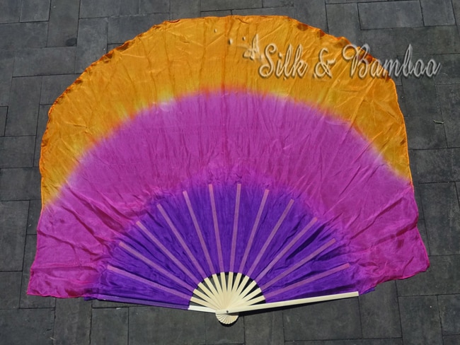 1pc rechterhand paars-roze-orange 38cm bamboe + 60cm zijde Chinese dance zijde fan (flutter), real flowy zijde!