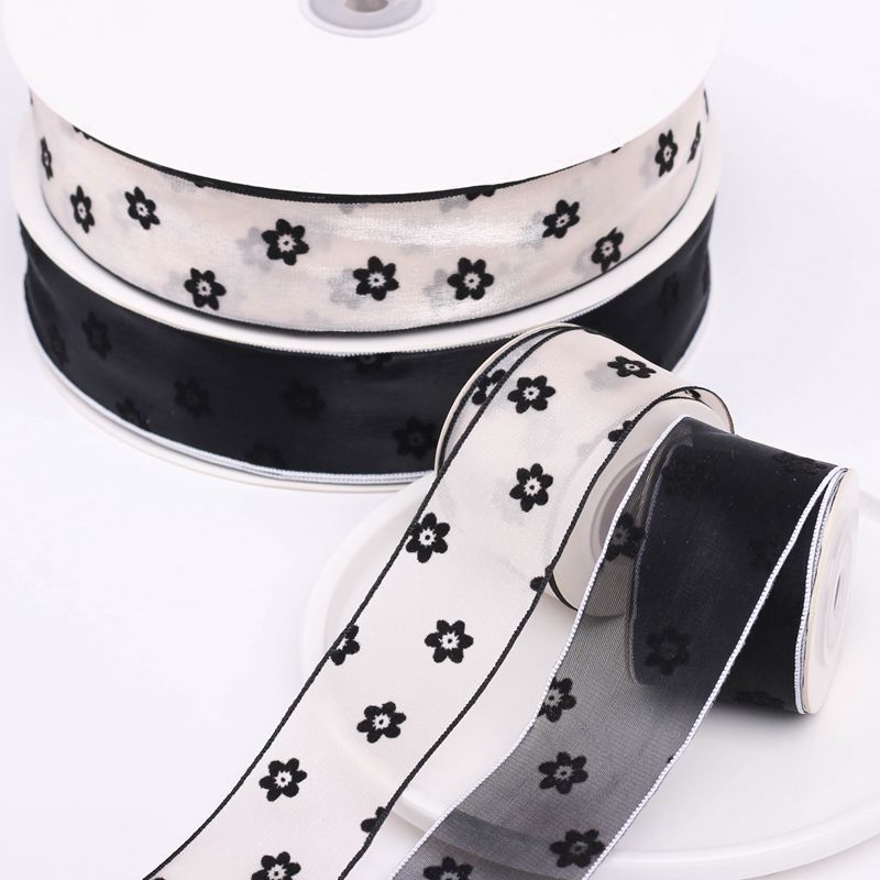 Cinta de gasa Floral flocada para el pelo, accesorios artesanales hechos a mano, Material YM2022031605, 10 yardas, 38MM
