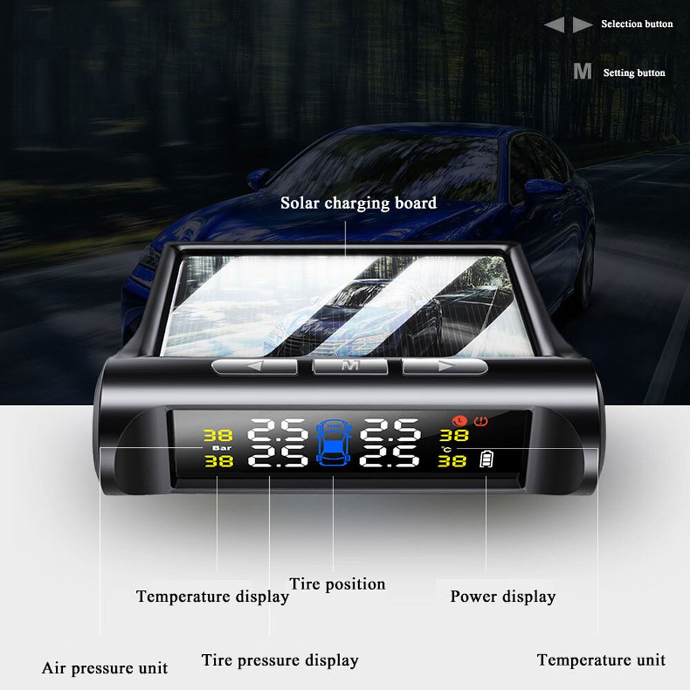 Bil tpms dæktryk overvågningssystem solenergi hd digital lcd display auto stemmealarm værktøj trådløs 4 ekstern sensor