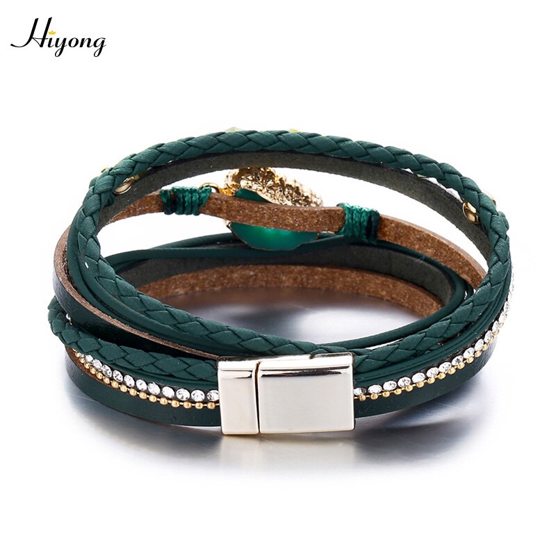 HIYONG Green Multilayer Leather Bracelet Vintage Magnet Buckle Bracelets Crystal Rhinestone Wrap Bracelet Boho Female Jewelry