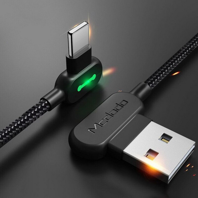 Cabo usb mcdodo de 1.8m para celular, fio com led para carregamento rápido e dados para iphone x, 8, 7, 6, 5, 6s cabo carregador para iphone 11, pro, xs max, xr, x: Black / 1.8m