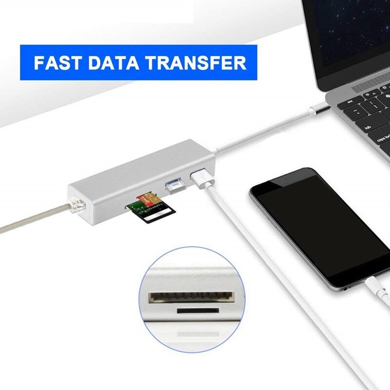 USB C Hub 5 en 1 Adaptador USB tipo C de alta velocidad con SD/lector de tarjetas TF RJ45 Gigabit USB 3,0 puertos para PC Mac