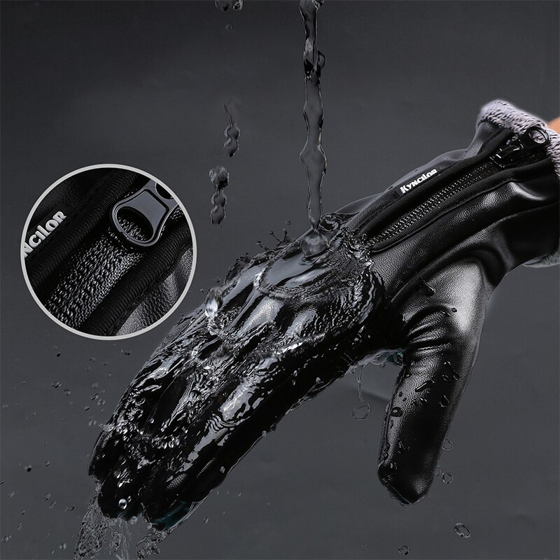 Guantes de cuero con pantalla táctil para hombre, resistentes al agua, de terciopelo negro, cálidos, para exteriores, antideslizantes, para Otoño e Invierno