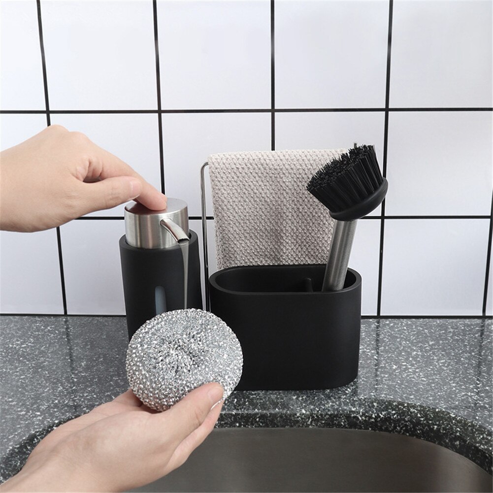 4PCS Sink Caddy Cleaning Kit Kitchen Caddy With Soap Dispenser Steel Ball And Brush Black Cleaning Group For Kitchen Organizing