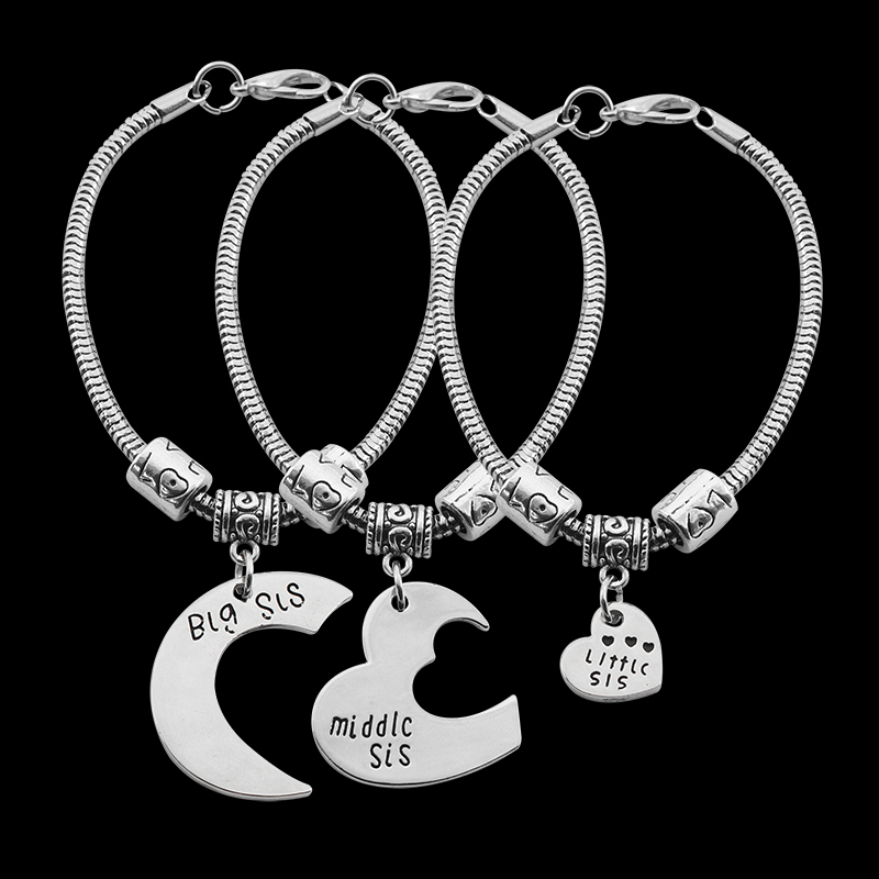 Juego de 3 piezas de pulseras para hermanas, colgante de corazón para hermanas grandes, medianas y pequeñas, cadena de mano de Metal de amistad, joyería de para chica