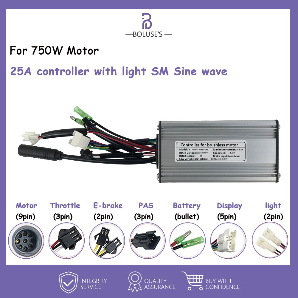 Ebike Controller Kt Sinus Controller Voor 250W-1000W Wiel Motor Controller Borstelloze Motor Controller Met Sm/waterdichte Stekker: KT-25A SM Sinewave